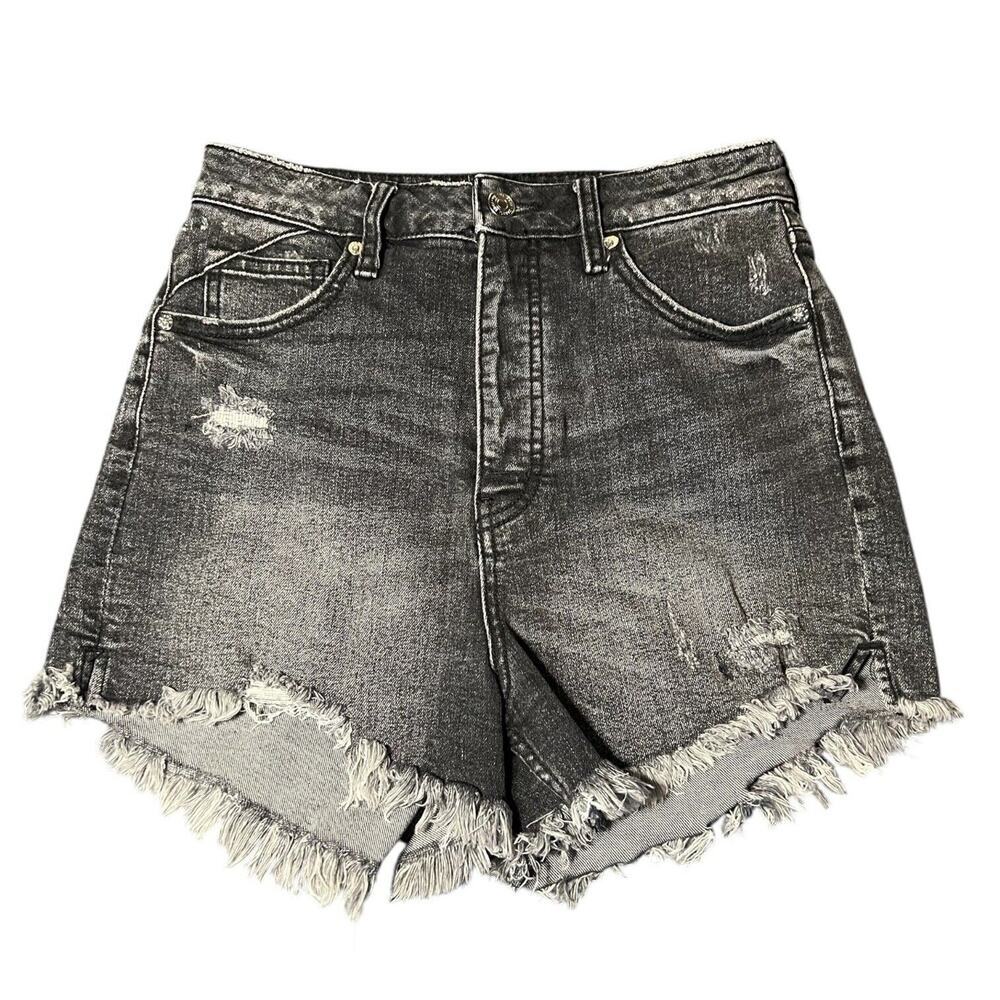 Free People We The Free Womens Distressed Black Shorts 28 Button Fly‎ Raw Hem